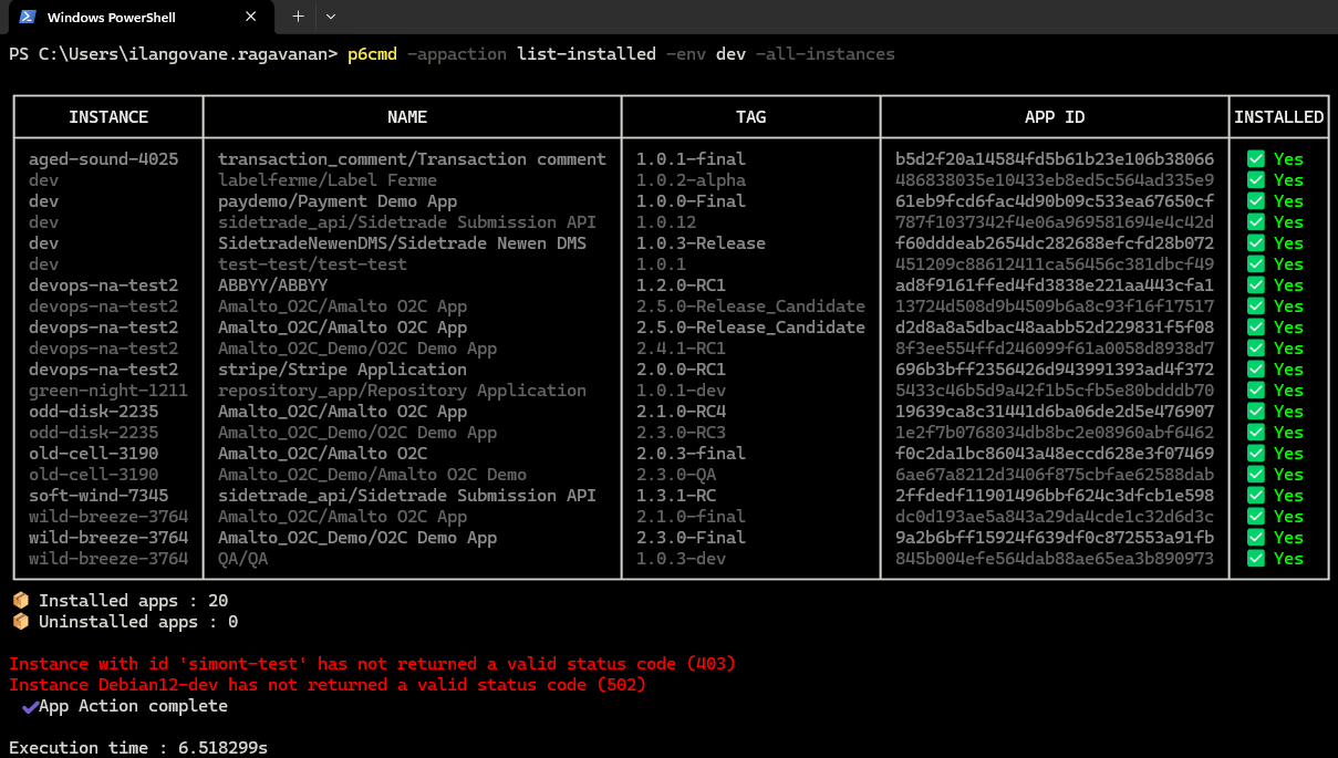 p6cmd appaction list installed apps on all instances