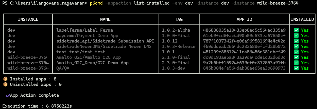 p6cmd appaction list installed apps