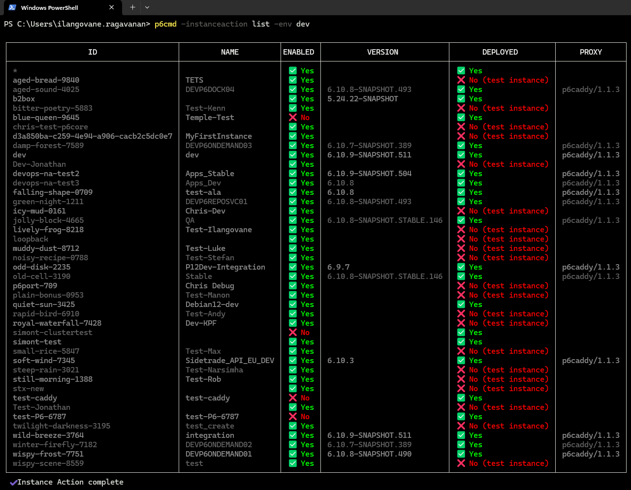 p6cmd instanceaction list