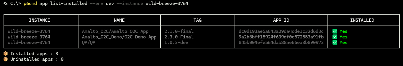 p6cmd appaction list installed apps