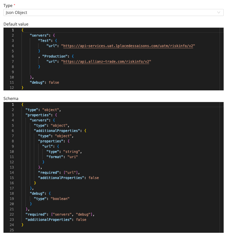 Json Schema application configuration