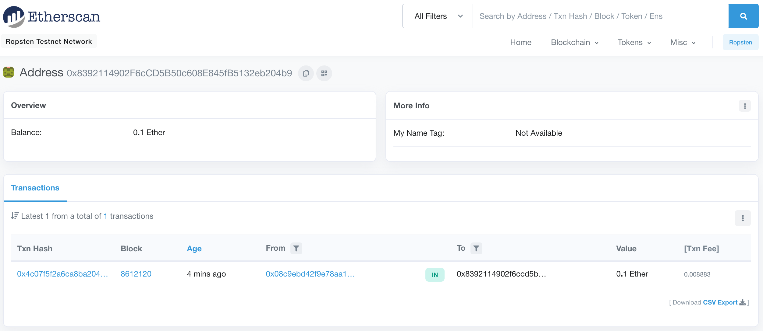Account Balance Verification in Etherscan