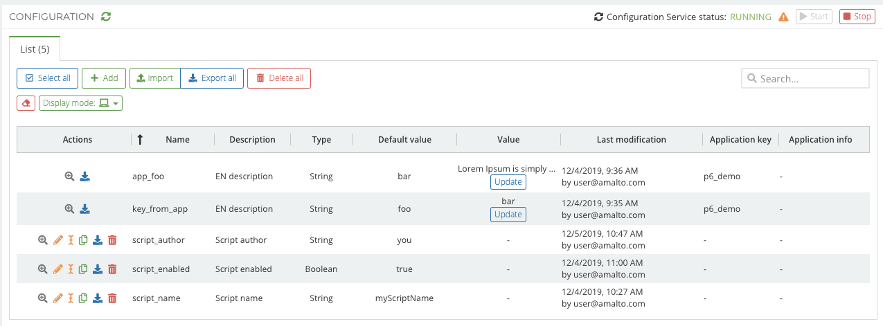 List application configurations